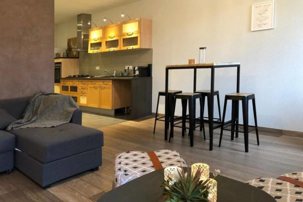 Vue salon cuisine ouverte du gîte insolite 132 d'atHOme à Pontarlier dans le Doubs